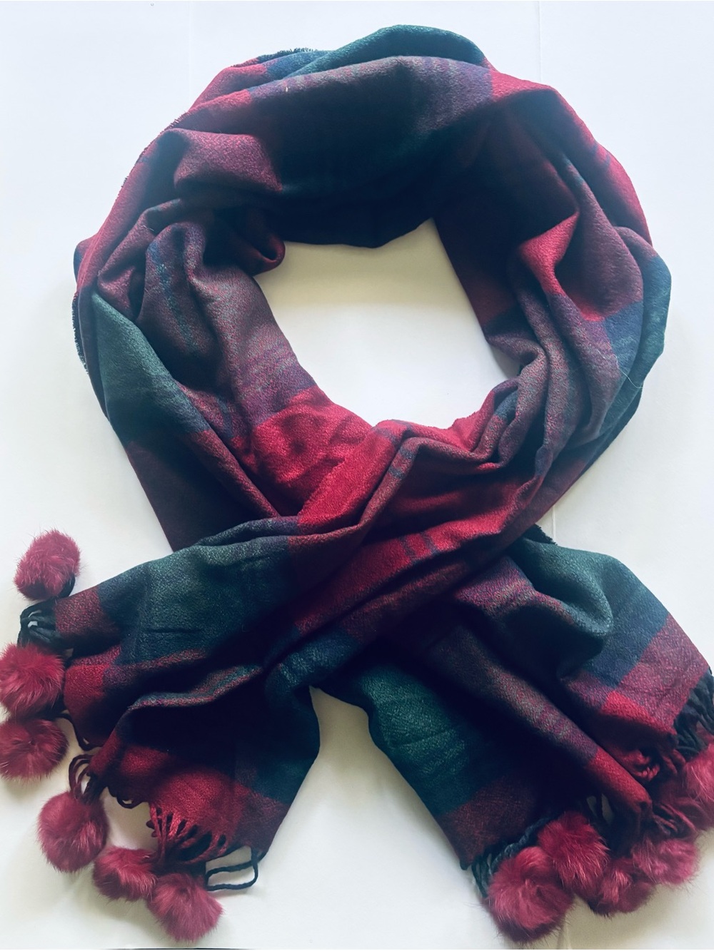 Cozy Plaid Pom-Pom Scarf in Burgundy and Forest Green